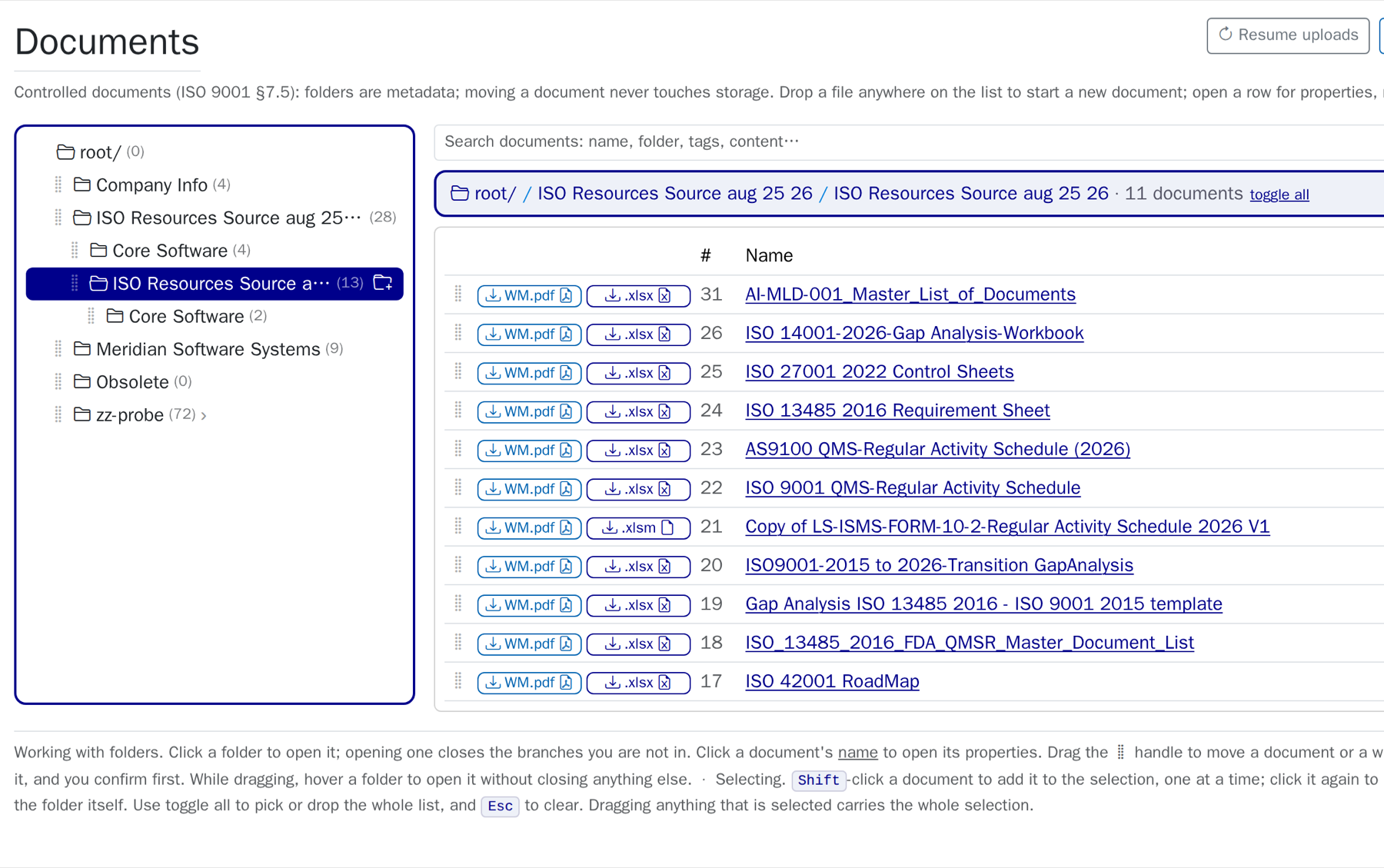 The Document Control folder manager: the folder tree on the left, the selected document's properties on the right.